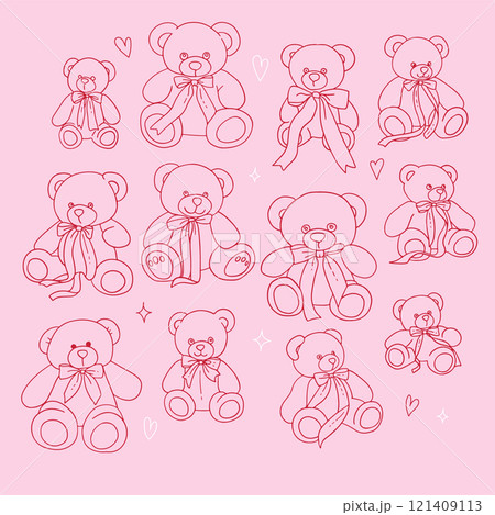 Simple line art set of a teddy bears with a bows, featuring minimalist style and playful design suitable for Valentine's themes. Hand drawn doodle vector illustration. 121409113