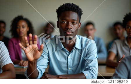 Young engaged student raising hand during classroom discussion with diverse peers in background. Thoughtful expression and blue polo shirt create professional academic atmosphere in university setting 121409249