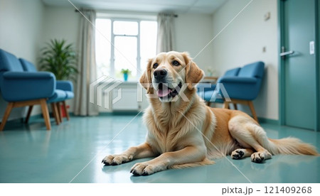 A cheerful golden retriever lies on the floor in a well-lit, modern waiting room, surrounded by blue chairs and green plants, exuding warmth and friendliness 121409268