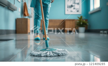 Person mopping clean shiny floor in modern interior, focusing on cleanliness and hygiene Person mopping clean shiny floor in modern interior, focusing on cleanliness and hygiene 121409285