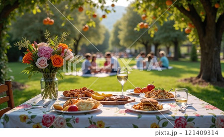 A dining table with plates of food and a vase of vibrant flowers 121409314