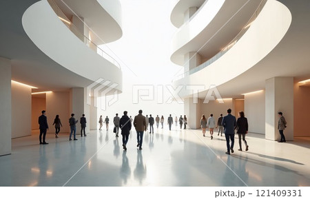 A modern architectural space with sleek lines and curves features people walking through it. The bright, airy environment is enhanced by large openings, creating a sense of movement and openness as 121409331