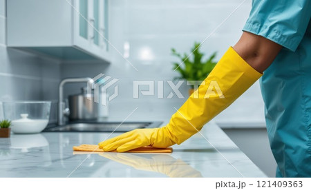 person cleaning a kitchen countertop with a yellow cloth while wearing bright yellow rubber gloves. The modern kitchen background is clean and organized, with light-colored cabinets and a sink in view 121409363