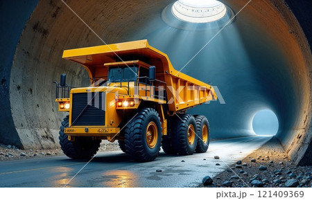 Massive yellow mining dump truck positioned in an illuminated underground tunnel with dramatic light streaming through a ceiling opening, showcasing industrial engineering power 121409369
