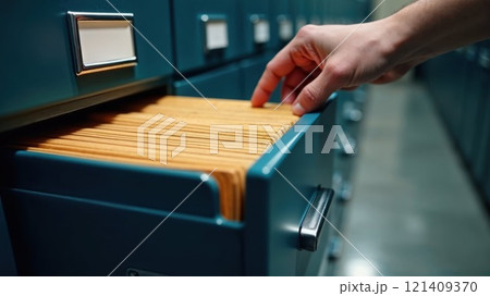 A hand pulls a file from a blue filing cabinet, with several neatly organized manila folders visible inside the drawer 121409370