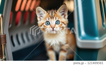 An adorable ginger kitten with striking blue eyes sits in a pet carrier, its face showing curiosity as it looks directly at the camera through the carrier opening An adorable ginger kitten with striking blue eyes sits in a pet carrier, its face showing curiosity as it looks directly at the camera through the carrier opening 121409381