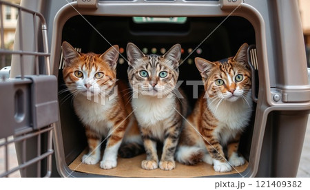 Three adorable cats are sitting calmly in a carrier while looking at the camera Three adorable cats are sitting calmly in a carrier while looking at the camera 121409382