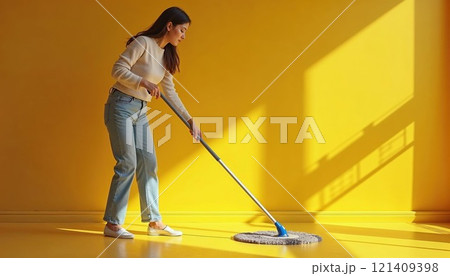 A young woman cleaning a brightly lit yellow room with a mop, showcasing a minimalist lifestyle, hygiene, and modern home care. Bright, clean, and inspiring A young woman cleaning a brightly lit yellow room with a mop, showcasing a minimalist lifestyle, hygiene, and modern home care. Bright, clean, and inspiring 121409398
