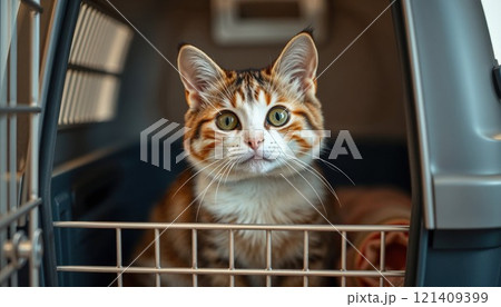 Adorable ginger and white cat with mesmerizing green eyes peering through pet carrier. Close-up portrait showcasing feline beauty and curiosity in soft, natural lighting Adorable ginger and white cat with mesmerizing green eyes peering through pet carrier. Close-up portrait showcasing feline beauty and curiosity in soft, natural lighting 121409399