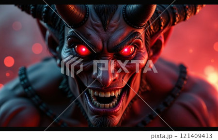 menacing demon-like figure with glowing red eyes, sharp teeth, and large curved horns. The creature's expression is aggressive, with intense lighting highlighting its sinister features, set against a 121409413