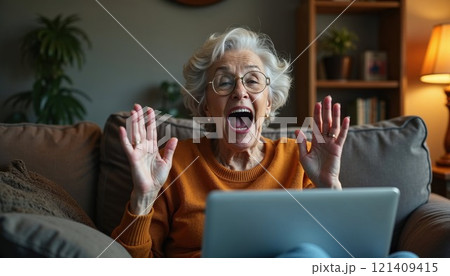 Excited elderly woman with glasses and a laptop, raising hands in surprise and joy. A lively moment capturing the joy of technology, connectivity, and online discovery 121409415