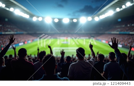 large stadium filled with cheering fans watching a soccer match under bright stadium lights. The atmosphere is electric, with people raising their hands, celebrating a moment during the game 121409443
