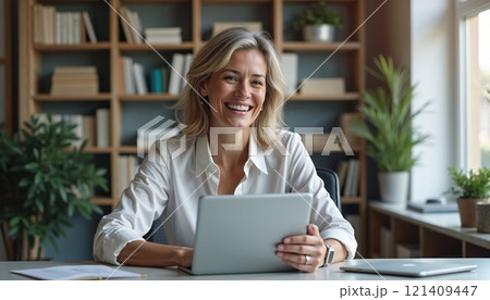 Professional woman with blonde hair radiantly smiling while working on tablet in modern home office. Bright white shirt and natural lighting create fresh, optimistic atmosphere with bookshelf Professional woman with blonde hair radiantly smiling while working on tablet in modern home office. Bright white shirt and natural lighting create fresh, optimistic atmosphere with bookshelf 121409447