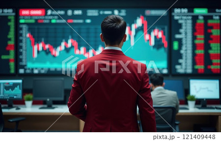 A businessman in a red suit analyzing fluctuating stock market graphs on multiple monitors. A modern depiction of finance, investment, and data-driven decision-making A businessman in a red suit analyzing fluctuating stock market graphs on multiple monitors. A modern depiction of finance, investment, and data-driven decision-making 121409448