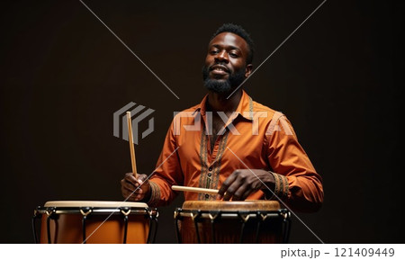 musician smiles while passionately playing traditional drums, highlighting cultural music, rhythm, and artistic expression in a warm studio setting musician smiles while passionately playing traditional drums, highlighting cultural music, rhythm, and artistic expression in a warm studio setting 121409449