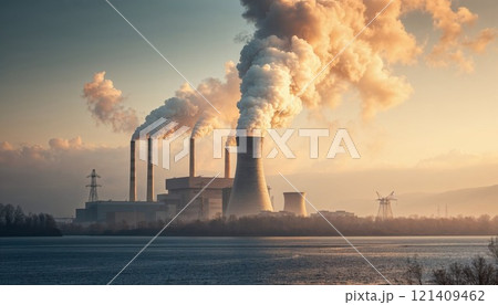 industrial landscape with towering chimneys releasing smoke into a golden sunset sky, blending industrial power with environmental themes. Perfect for energy or eco-focused projects 121409462