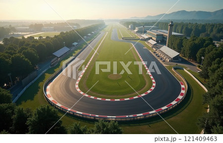 aerial view of a professional race track surrounded by lush greenery and distant mountains, basking in the soft glow of morning sunlight. Ideal for motorsport enthusiasts 121409463