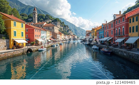 canal lined with vibrant, colorful houses and cozy outdoor cafes, surrounded by scenic mountains and a clear blue sky, evoking a tranquil Mediterranean charm 121409465