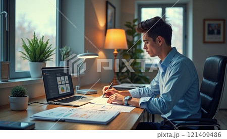 young man in a modern home office, writing notes while working on his laptop, surrounded by potted plants and warm, ambient lighting young man in a modern home office, writing notes while working on his laptop, surrounded by potted plants and warm, ambient lighting 121409486