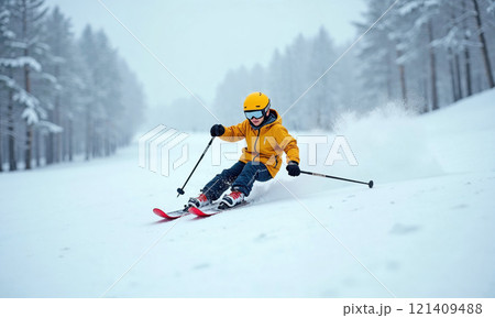 child in a bright yellow jacket and helmet skiing down a snow-covered slope surrounded by a serene winter forest, enjoying an adventurous day outdoors 121409488
