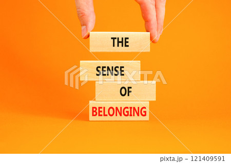 The sense of belonging symbol. Concept words The sense of belonging on beautiful wooden blocks. Beautiful orange table orange background. Business and the sense of belonging concept. Copy space. 121409591
