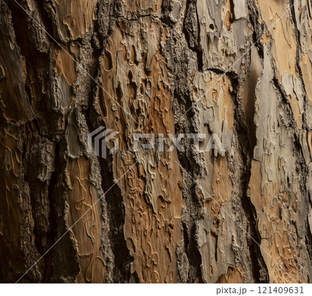 Maritime Pine, Pinus pinaster trunk symbol. Texture made of maritime pine tree bark. Beautiful Maritime Pine, Pinus pinaster trunk background. Conceptual image. Peaceful nature. 121409631