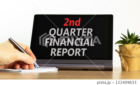 2nd quarter financial report symbol. Concept words 2nd quarter financial report on beautiful black tablet. Beautiful white background. Business 2nd quarter financial report concept. Copy space. 121409633