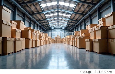A spacious and large warehouse that is filled with numerous cardboard boxes stacked high on shelves throughout the entire area A spacious and large warehouse that is filled with numerous cardboard boxes stacked high on shelves throughout the entire area 121409726