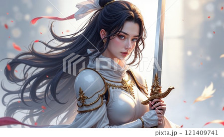 Graceful female warrior in ornate white armor, holding a sword with a determined gaze, exuding strength, elegance, and courage 121409741
