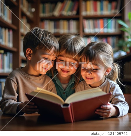 Three young children reading a book together in a cozy library, enjoying the joy of learning and friendship 121409742