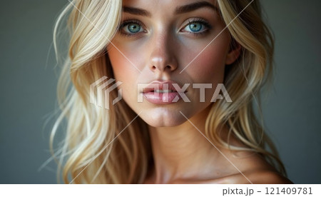 blonde woman with mesmerizing green eyes and natural beauty, highlighting elegance, softness, and feminine charm in a serene atmosphere 121409781