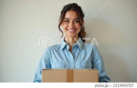 A smiling young woman holds a cardboard parcel, representing efficient delivery services, modern logistics, and the convenience of receiving packages at home or work with a cheerful, positive attitude A smiling young woman holds a cardboard parcel, representing efficient delivery services, modern logistics, and the convenience of receiving packages at home or work with a cheerful, positive attitude 121409787