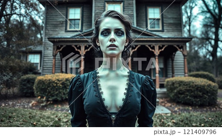 A mysterious woman with an intense gaze stands in front of an eerie old mansion, evoking a sense of gothic horror, mystery, and timeless beauty in a haunting atmosphere 121409796