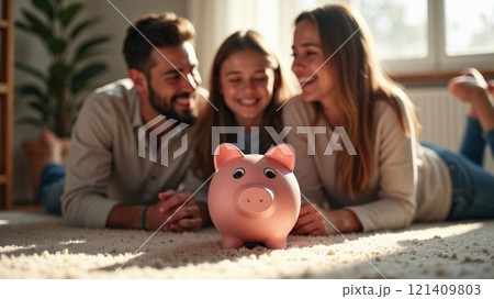 A happy family smiles while gathered around a piggy bank, representing financial planning, saving, and the joy of building a secure future together 121409803