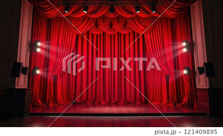 An empty stage featuring vibrant red curtains elegantly draped and bright spotlights illuminating the area, awaiting a performance An empty stage featuring vibrant red curtains elegantly draped and bright spotlights illuminating the area, awaiting a performance 121409895