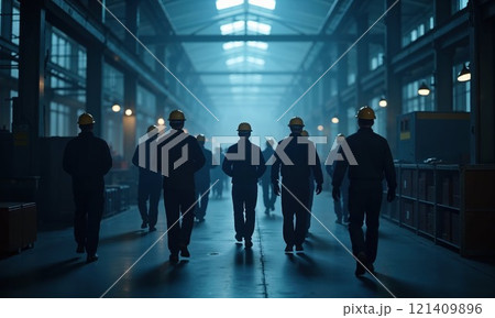 Construction workers walk down a hallway in a factory 121409896
