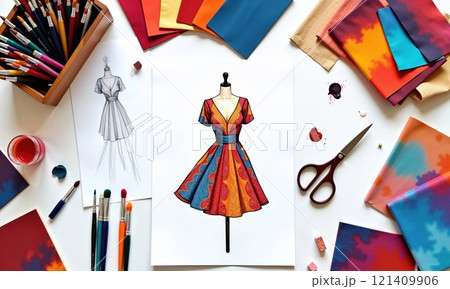 A dress on a mannequin with fabrics and scissors around it 121409906