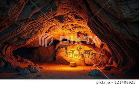 A mysterious cave that contains a captivating light within it 121409923
