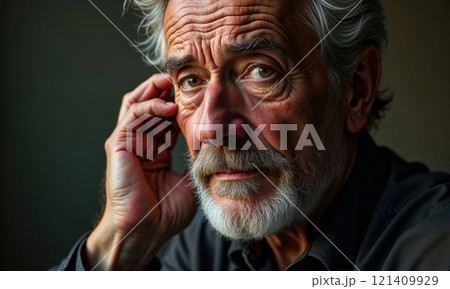 An older man with a white beard is looking thoughtfully out a window An older man with a white beard is looking thoughtfully out a window 121409929