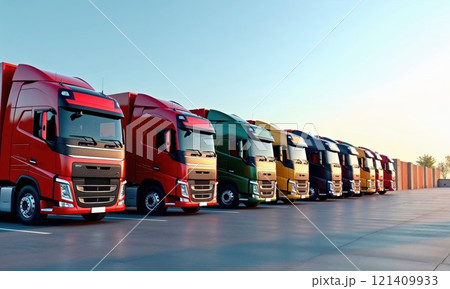 A long row of semi trucks is parked in a spacious parking lot 121409933