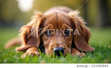 A brown dog lays in green grass, looking at the camera 121409934