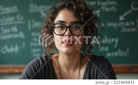 A woman with glasses sits in front of a blackboard in a class A woman with glasses sits in front of a blackboard in a class 121409935