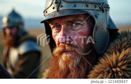 Close-up of a medieval warrior with a stern expression, wearing a metal helmet and fur cloak, embodying strength and resilience 121409937