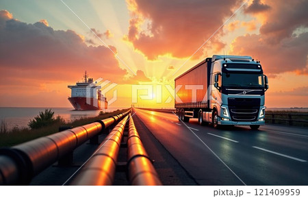 A truck drives steadily on a highway beside a ship at sunset A truck drives steadily on a highway beside a ship at sunset 121409959