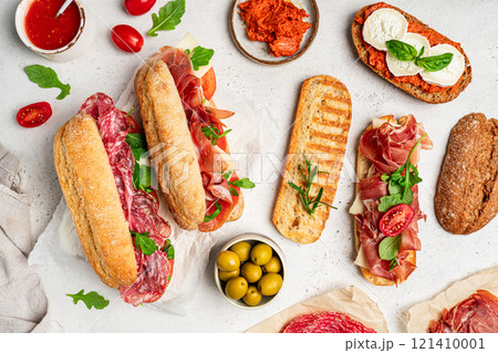 Assorted delicious baguette sandwiches Assorted delicious baguette sandwiches 121410001