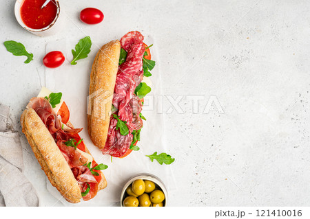 Assorted delicious baguette sandwiches Assorted delicious baguette sandwiches 121410016