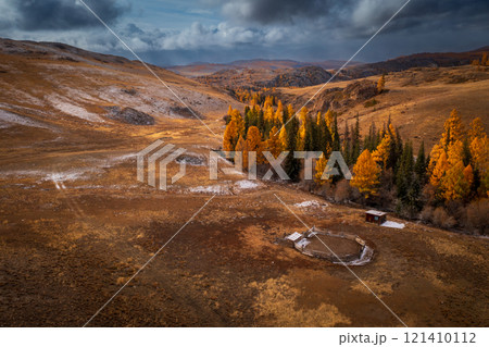 Aerial view of autumn meadow and forest in picturesque landscape Aerial view of autumn meadow and forest in picturesque landscape 121410112