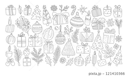 Set of isolated Christmas and New Year party decoration ornaments in cute doodle hand-drawn style on a transparent background. Volume 4: Black outline and white plain style. Set of isolated Christmas and New Year party decoration ornaments in cute doodle hand-drawn style on a transparent background. Volume 4: Black outline and white plain style. 121410366