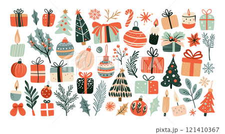 Set of isolated Christmas and New Year party decoration ornaments in cute doodle hand-drawn style on a transparent background. Volume 4: Pastel red, green and beige color tones. Set of isolated Christmas and New Year party decoration ornaments in cute doodle hand-drawn style on a transparent background. Volume 4: Pastel red, green and beige color tones. 121410367