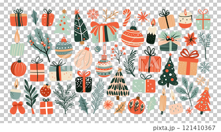 Set of isolated Christmas and New Year party decoration ornaments in cute doodle hand-drawn style on a transparent background. Volume 4: Pastel red, green and beige color tones. Set of isolated Christmas and New Year party decoration ornaments in cute doodle hand-drawn style on a transparent background. Volume 4: Pastel red, green and beige color tones. 121410367